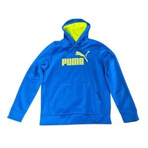Puma Mens Blue Neon Green Fleece Lined Logo Hoodie Sweatshirt with Pocket Size L